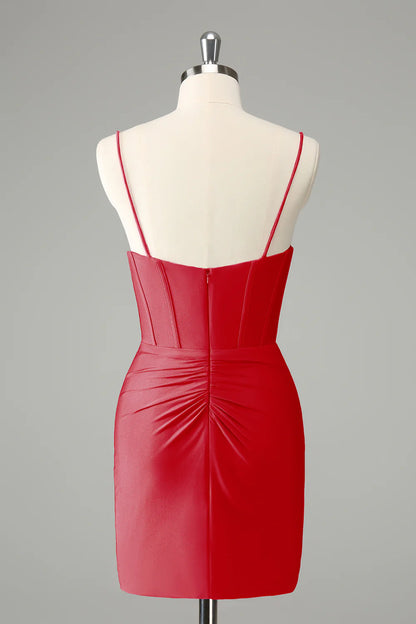 Tight Spaghetti Straps Pleated Short Homecoming Dress