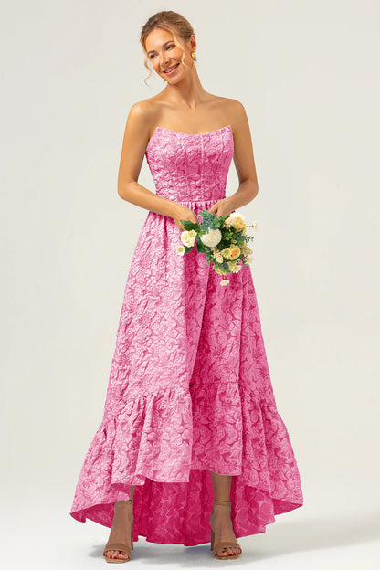 Blue A-Line Strapless Brocade High Low Floral Bridesmaid Dress