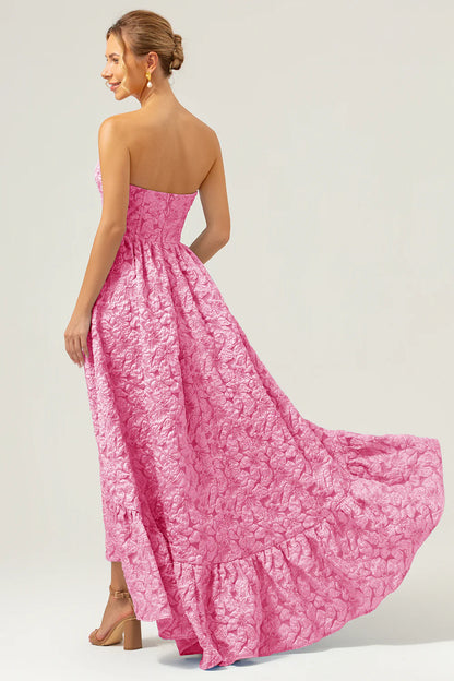 Blue A-Line Strapless Brocade High Low Floral Bridesmaid Dress