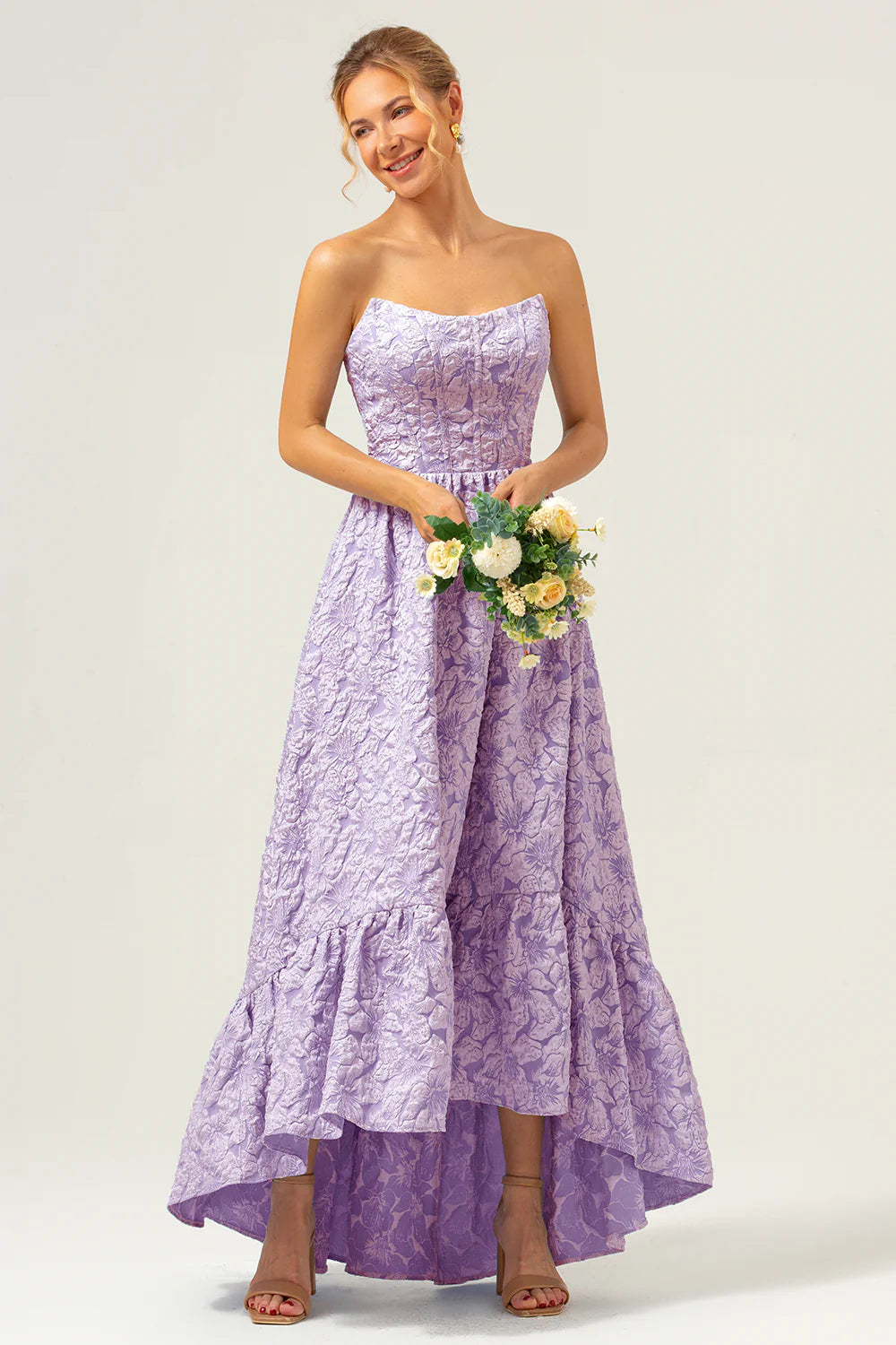 Blue A-Line Strapless Brocade High Low Floral Bridesmaid Dress