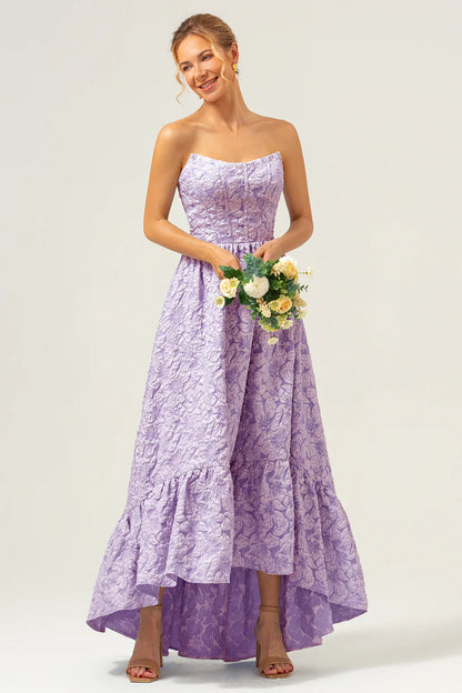 Blue A-Line Strapless Brocade High Low Floral Bridesmaid Dress