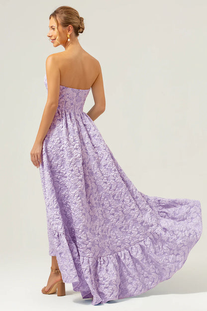 Blue A-Line Strapless Brocade High Low Floral Bridesmaid Dress
