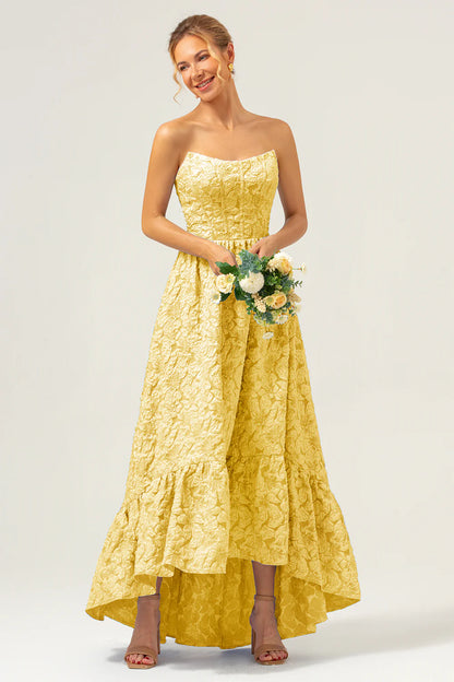 Blue A-Line Strapless Brocade High Low Floral Bridesmaid Dress