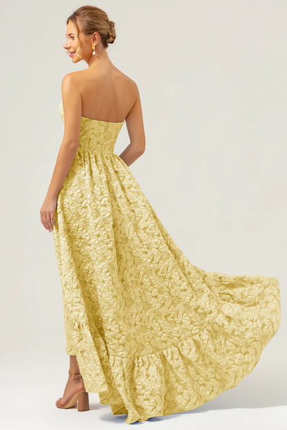 Blue A-Line Strapless Brocade High Low Floral Bridesmaid Dress