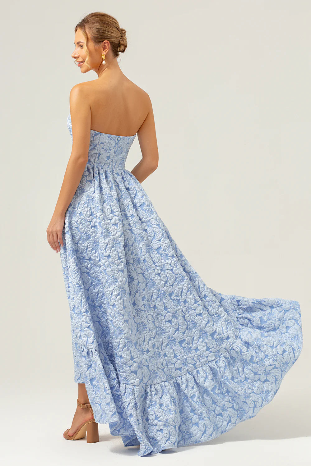 Blue A-Line Strapless Brocade High Low Floral Bridesmaid Dress
