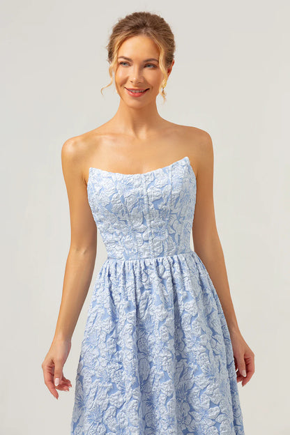 Blue A-Line Strapless Brocade High Low Floral Bridesmaid Dress