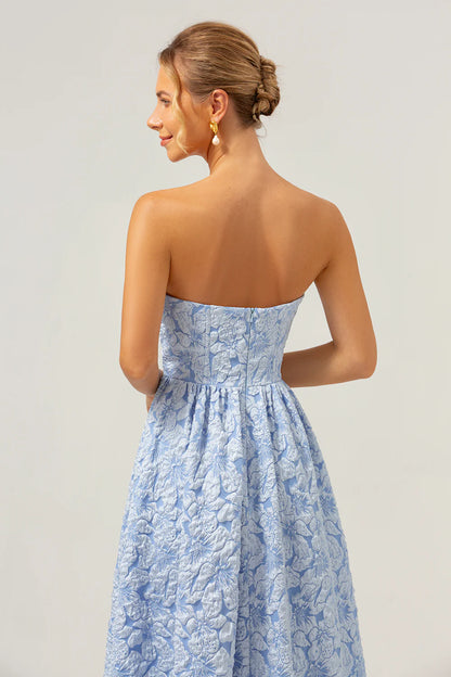 Blue A-Line Strapless Brocade High Low Floral Bridesmaid Dress