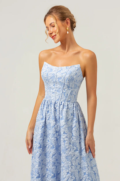 Blue A-Line Strapless Brocade High Low Floral Bridesmaid Dress