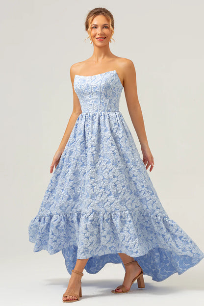 Blue A-Line Strapless Brocade High Low Floral Bridesmaid Dress