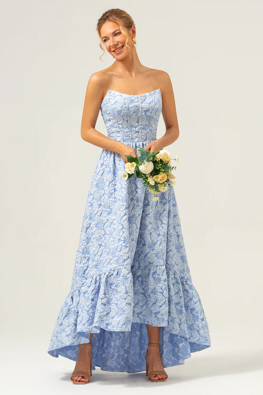 Blue A-Line Strapless Brocade High Low Floral Bridesmaid Dress