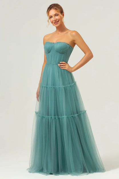 A Line Strapless Corset Tulle Long Eucalyptus Bridesmaid Dress