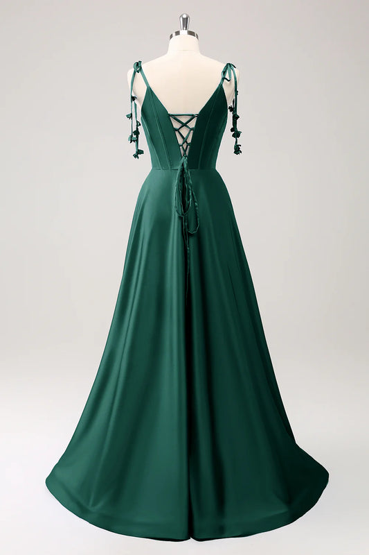A-line thin shoulder strap tied back long bridesmaid dress with slit