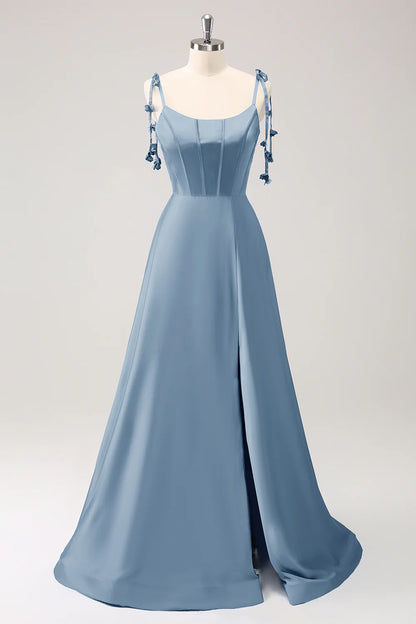 A-line thin shoulder strap tied back long bridesmaid dress with slit