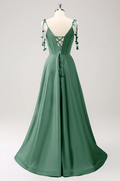 A-line thin shoulder strap tied back long bridesmaid dress with slit
