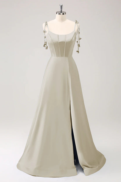 A-line thin shoulder strap tied back long bridesmaid dress with slit
