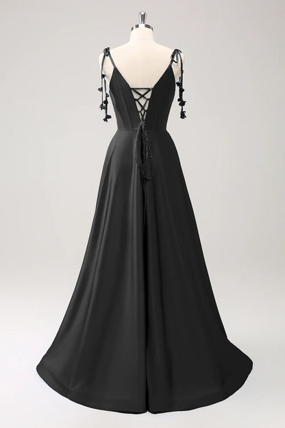 A-line thin shoulder strap tied back long bridesmaid dress with slit