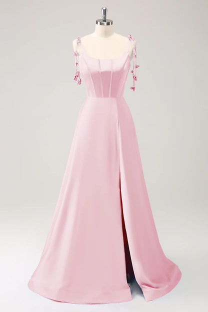A-line thin shoulder strap tied back long bridesmaid dress with slit