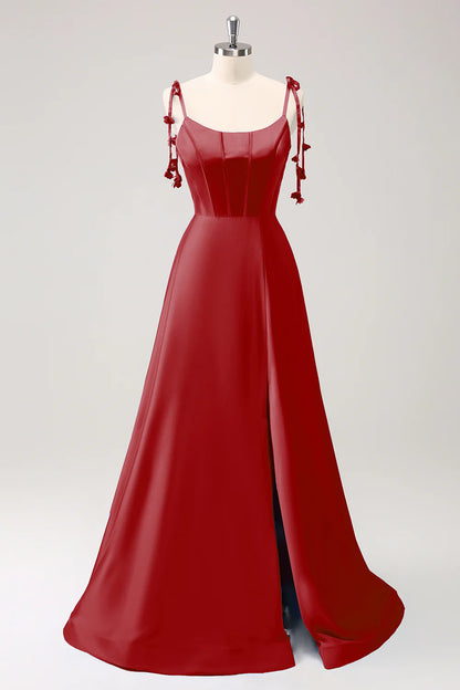 A-line thin shoulder strap tied back long bridesmaid dress with slit