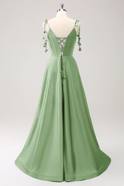A-line thin shoulder strap tied back long bridesmaid dress with slit