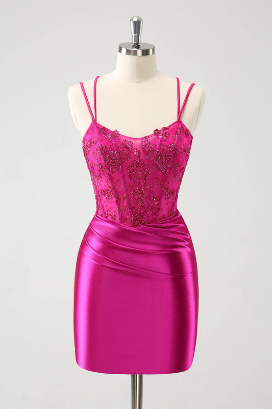 Shiny pleated tight fitting short back to school dress with back tie