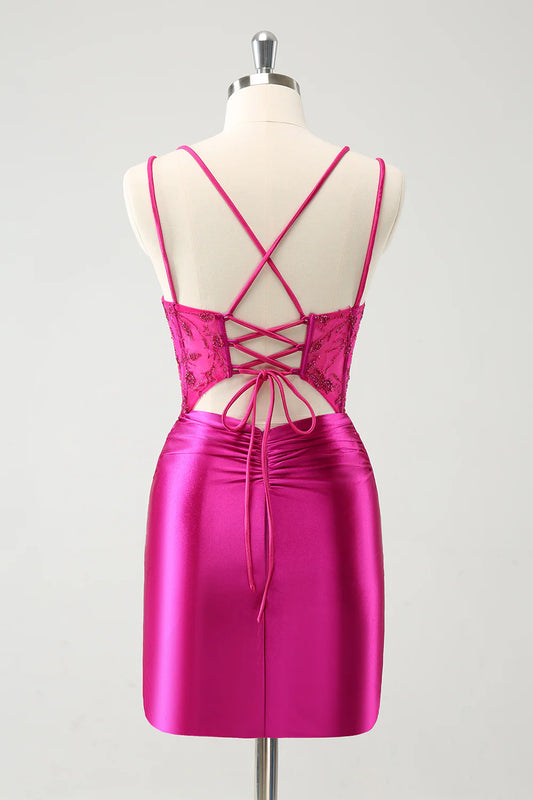 Shiny pleated tight fitting short back to school dress with back tie