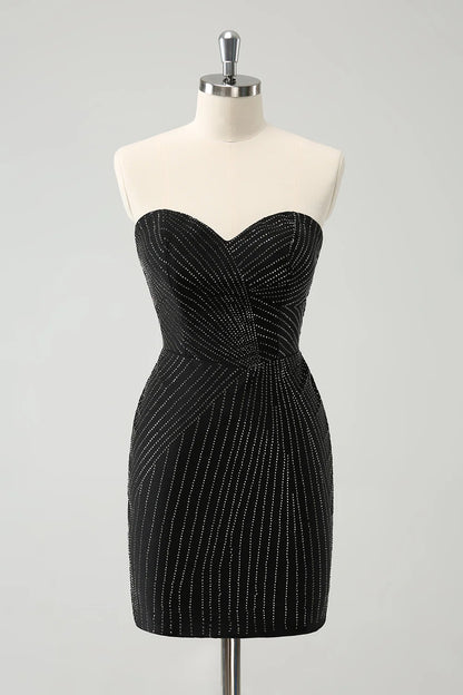 Sparkly Black Tight Strapless Short Homecoming Dress with Beading