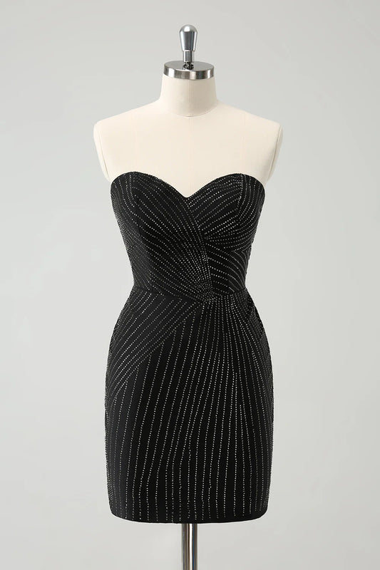 Sparkly Black Tight Strapless Short Homecoming Dress with Beading
