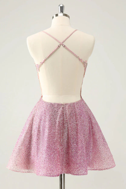 Sparkly Dark Pink A Line Beaded Corset Short Homecoming Dress with Appliques