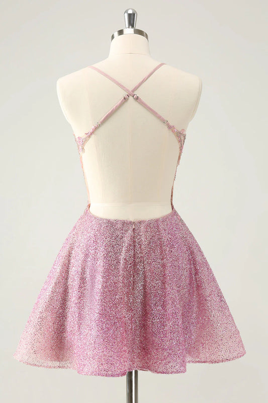 Sparkly Dark Pink A Line Beaded Corset Short Homecoming Dress with Appliques