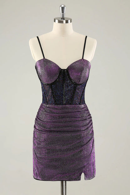 Glitter Dark Purple Pleated Corset Short Homecoming Dresses with Lace Up Back