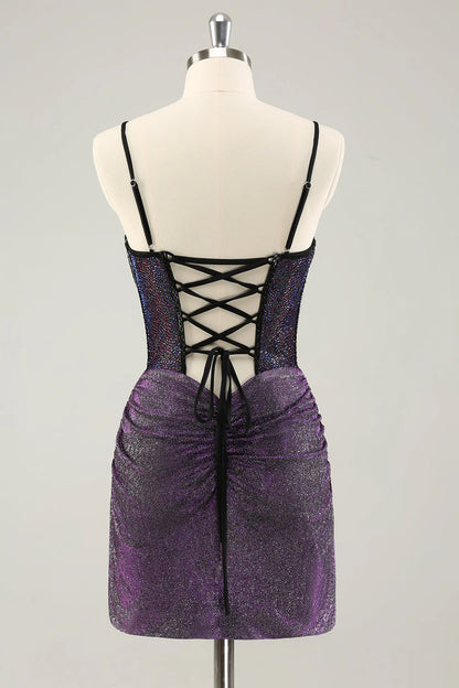 Glitter Dark Purple Pleated Corset Short Homecoming Dresses with Lace Up Back