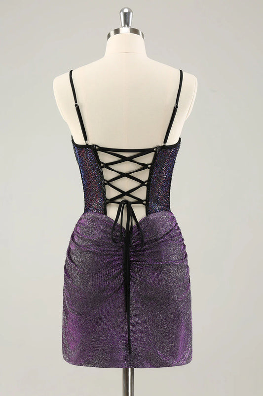Glitter Dark Purple Pleated Corset Short Homecoming Dresses with Lace Up Back