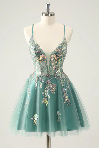 Glitter Grey Green A Line Spaghetti Straps Sequins Homecoming Dresses with Appliques