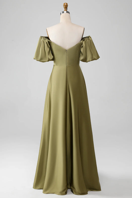 Olive A-Line Off The Shoulder Long Bridesmaid Dress with Short Sleeves