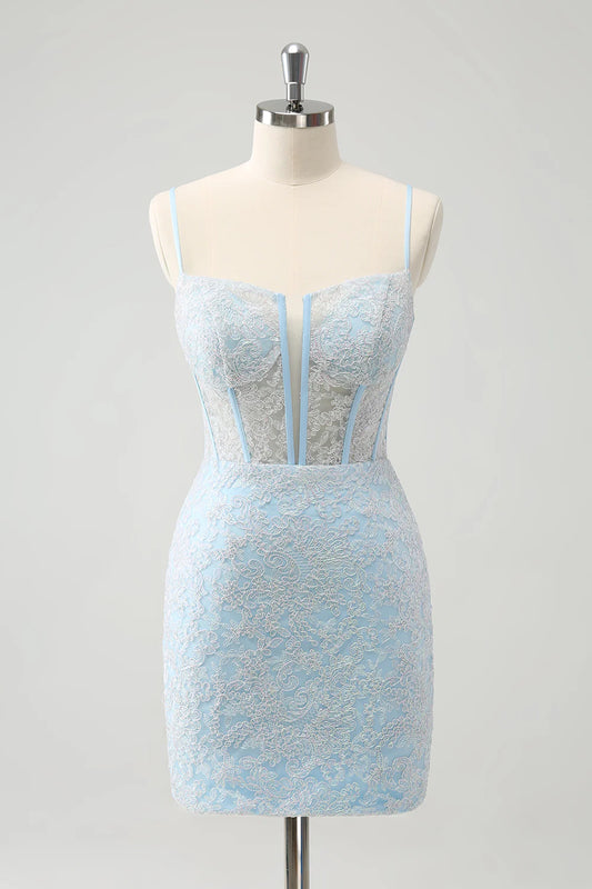 Light Blue Corset Spaghetti Straps Short Tight Homecoming Dresses with Lace Up Back