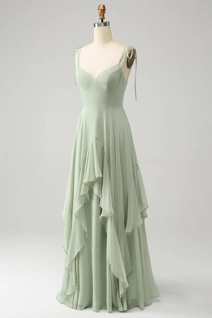 Elegant Matcha A Line Spaghetti Straps Chiffon Long Bridesmaid Dress with Ruffles
