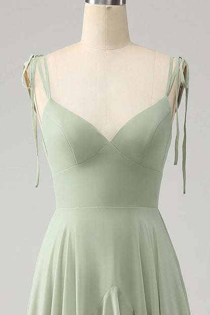 Elegant Matcha A Line Spaghetti Straps Chiffon Long Bridesmaid Dress with Ruffles