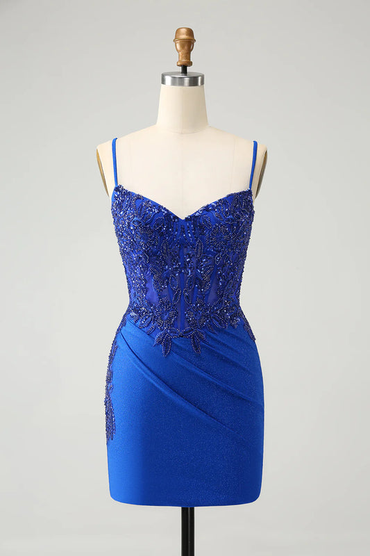 Royal Blue Glitter Beading Corset Homecoming Dress