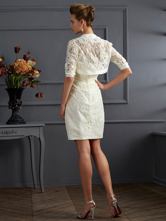 Sleeveless knee length beaded bridal mother dress