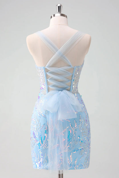 Sparkly Light Blue Spaghetti Straps Lace Up Back Corset Tight Homecoming Dress with Sequins