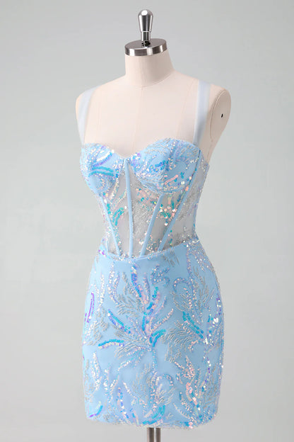 Sparkly Light Blue Spaghetti Straps Lace Up Back Corset Tight Homecoming Dress with Sequins