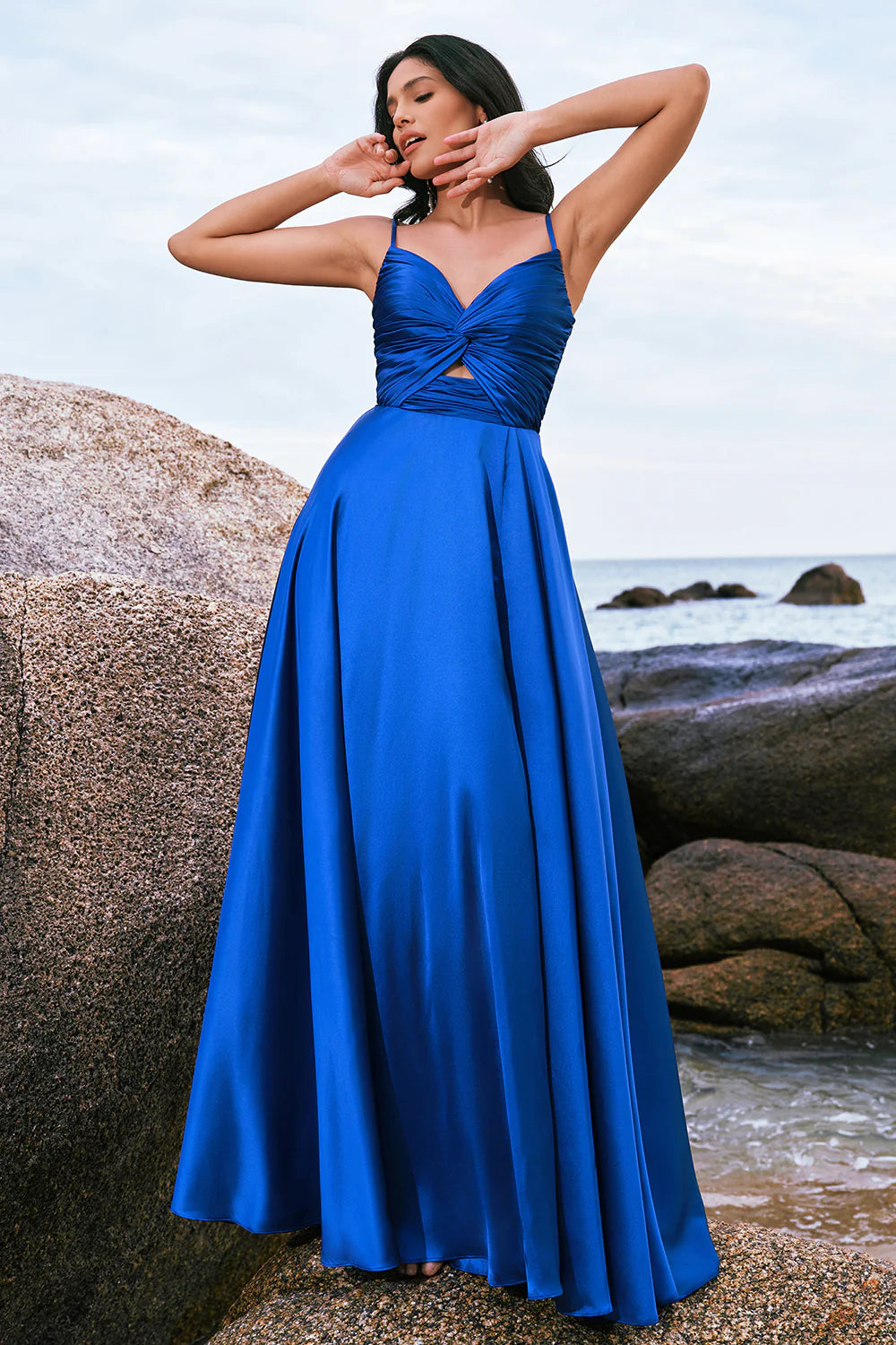 Ink Blue A-Line Keyhole Satin Pleated Long Bridesmaid Dress with Slit