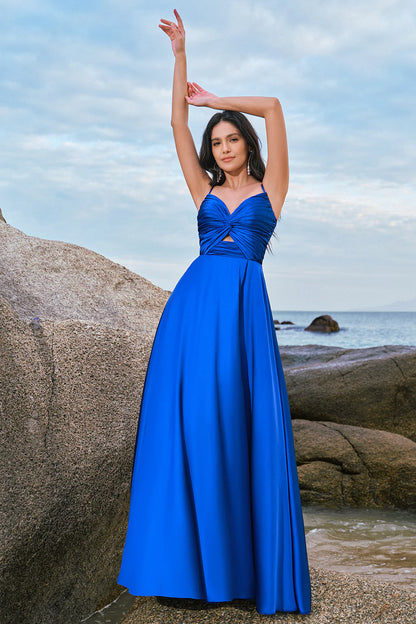 Ink Blue A-Line Keyhole Satin Pleated Long Bridesmaid Dress with Slit