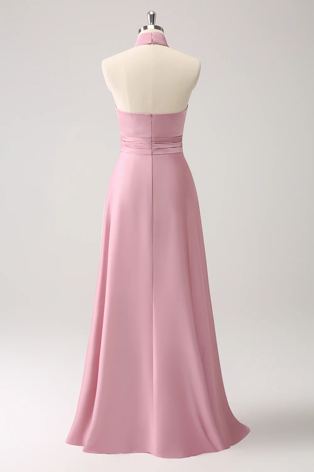 Pink A-Line Halter Pleated Floral Satin Backless Long Prom Dress with Slit