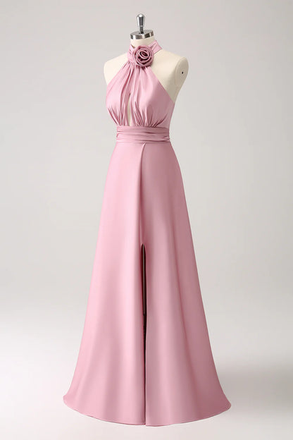Pink A-Line Halter Pleated Floral Satin Backless Long Prom Dress with Slit