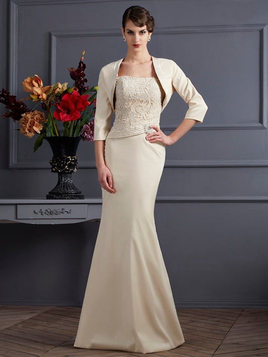 Sheath Elastic Woven Satin Square Sleeveless Floor-Length With Lace Mother of the Bride Dresses