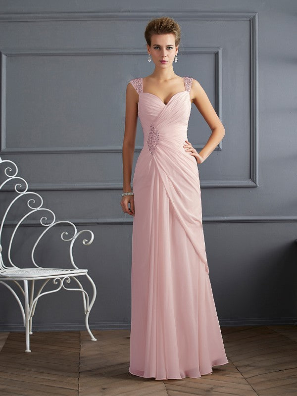 Sheath Chiffon Straps Sleeveless Floor-Length With Beading Mother of the Bride Dresses