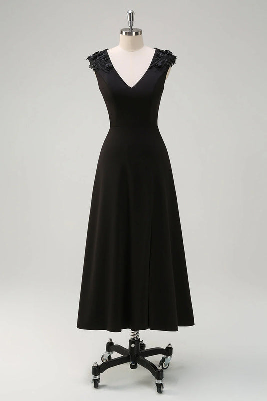 Black A-Line V-Neck Long Sequin Bridesmaid Dress with Appliques
