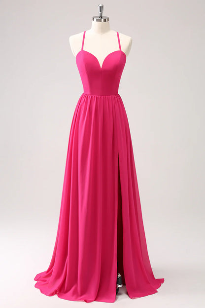 Fuchsia A Line Spaghetti Straps Chiffon Lace Up Back Long Bridesmaid Dress With Slit