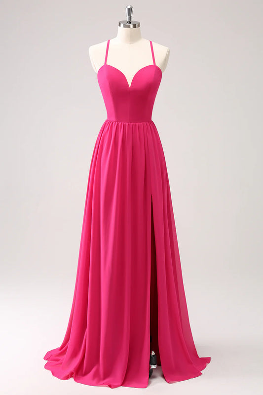Fuchsia A Line Spaghetti Straps Chiffon Lace Up Back Long Bridesmaid Dress With Slit